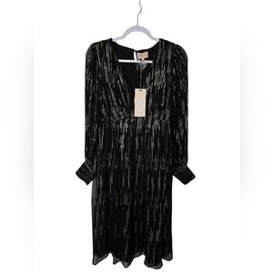 CIEBON Black Glitter Drip Metallic Long Sleeve Midi Sheer Dress Size Small